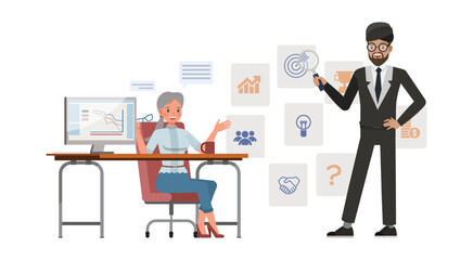 Business strategy concept. Office man and woman character vector design. Business people working in office planning, thinking and economic analysis on isolated white background.