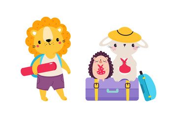Cute Lion and Bunny with Hedgehog Traveler with Suitcase Having Journey on Vacation Vector Set