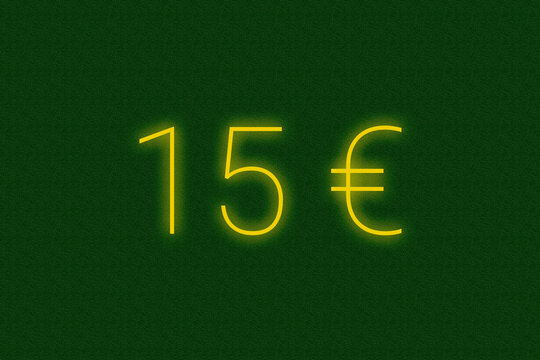 15 ? euro logo. fifteen euro neon sign. Number fifteen on green wall. 2d image