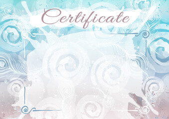 Certificate templatefor business design. Watercolor abstract frames, violet, brown, blue gradient with peacock feather and spiral elements. Certificate, diploma for printing