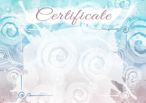 Certificate templatefor business design. Watercolor abstract frames, violet, brown, blue gradient with peacock feather and spiral elements. Certificate, diploma for printing