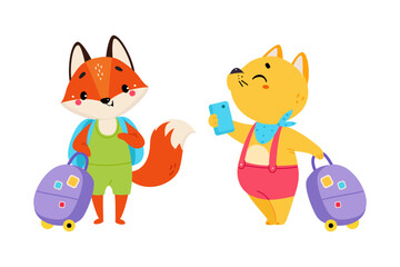 Naklejka premium Cute Fox and Cat Traveler with Smartphone and Suitcase Having Journey on Vacation Vector Set