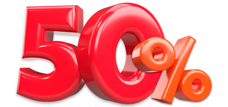 3d render fifty percent with transparent background