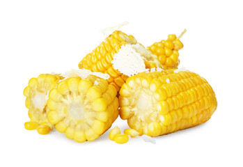 Tasty cooked corn cobs with butter on white background