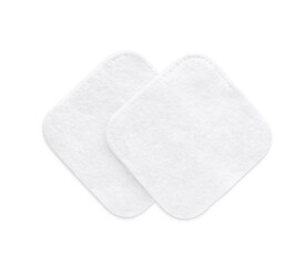 Soft clean cotton pads on white background, top view