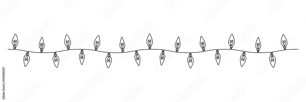 Poster one continuous line drawing of christmas garland with light bulbs. festive festoon xmas string and d