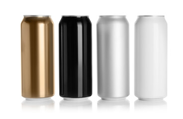 Set of aluminum cans with drinks on white background