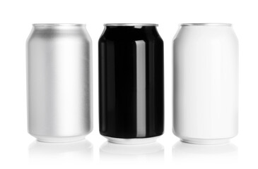 Aluminum cans with drinks on white background