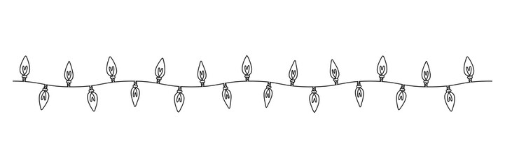 One continuous line drawing of Christmas garland with light bulbs. Festive festoon xmas string and divider border in simple linear style. Editable stroke. Doodle vector illustration