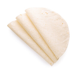 Delicious folded Armenian lavash on white background, top view