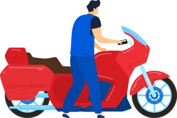 Foto op Plexiglas Man in helmet, suit at motorbike, isolated on white vector illustration. Motorcycle transport sport design, extreme driver biker. © Seahorsevector