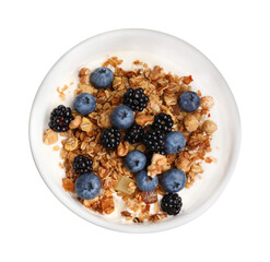 Bowl of healthy muesli with berries and yogurt isolated on white, top view