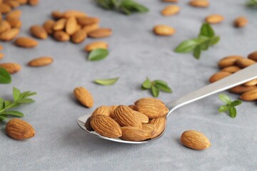 Spoon with tasty almonds and fresh green leaves on light grey table, closeup