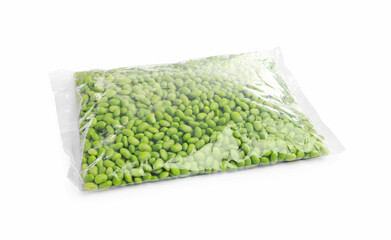 Pack of fresh edamame soybeans on white background