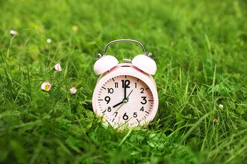 Pink alarm clock on green grass outdoors