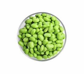 Bowl with fresh edamame soybeans on white background, top view