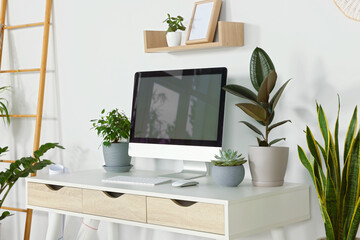 Comfortable workplace with modern computer and different houseplants in room