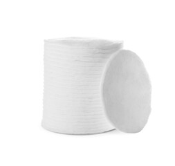 Pile of cotton pads on white background
