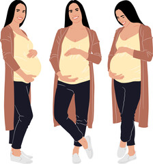 Set of hand-drawn pregnant woman stands with her hands on her belly. Vector flat style illustration isolated on white. Full-length view