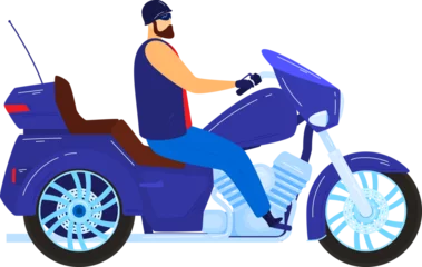 Foto op Plexiglas Man at motorcycle bike, vector illustration. Biker character ride motorbike, travel transportation at speed, isolated on white design. © Seahorsevector