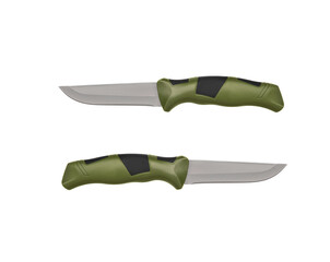 Modern hunting knife with silver blade and rubber handle. Steel arms. Isolate on a white back