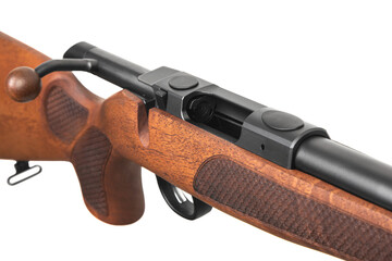 Modern bolt-action carbine with a wooden stock. Weapons for sports, hunting and self-defense....