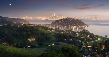 A beautiful twilight over Marin County, with San Francisco in the back, viewed from the Tiburon Peninsula, California