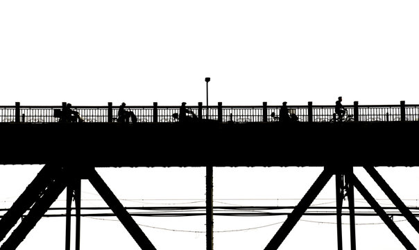 silhouette of bridge and people, black and white photo