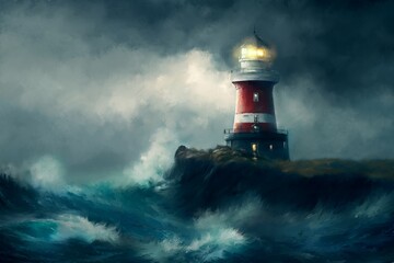 Obraz premium Oil paintings sea landscape, fine art, artwork, lighthouse on the coast, lighthouse in the night