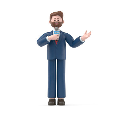 3D illustration of smiling bearded american businessman Bob   - news presenter with microphone in hand. 3D rendering on white background.
