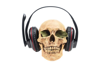Human skull  in headphones isolated on a white background.