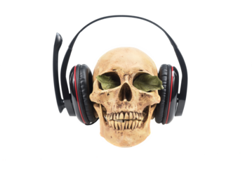 Human skull  in headphones isolated on a white background.