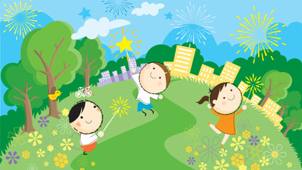 Childrens' Day poster, banner design. Happy school children playing in the park, having fun activities.
