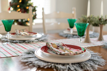 Stylish Christmas holiday table setting in red and green