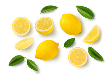  Fresh lemon with half and leaves isolated on white background.