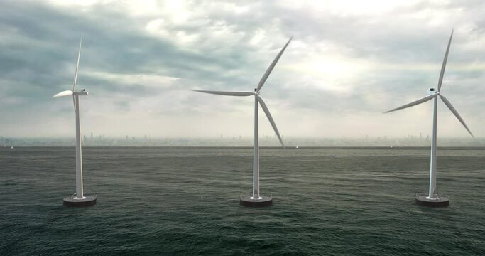 Wind turbines in the ocean. Environmental friendly electric energy. Technology and energy related 3d concept animation.