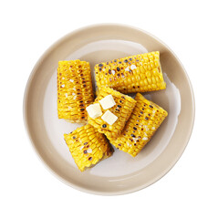 Plate with tasty grilled corn cobs on white background, top view