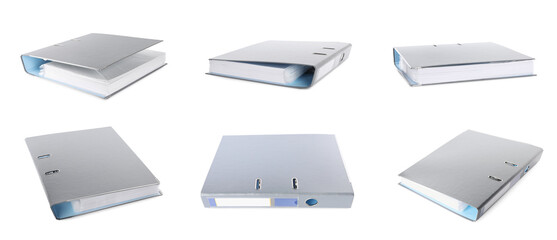 Set with grey office folders on white background. Banner design