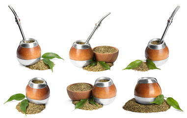 Set with calabashes with mate tea and bombillas on white background