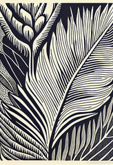 Lino cut Black and White Flowers Graphic design Ink illustration Grey scale hydrangea with Leafs and Forest