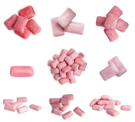 Set with different tasty chewing gums on white background