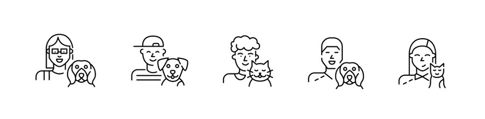 Cat and dog owners. Teenagers and grown-ups. Pixel perfect, editable stroke line set