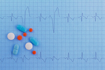 Electrocardiogram and pills merged in a double exposure.