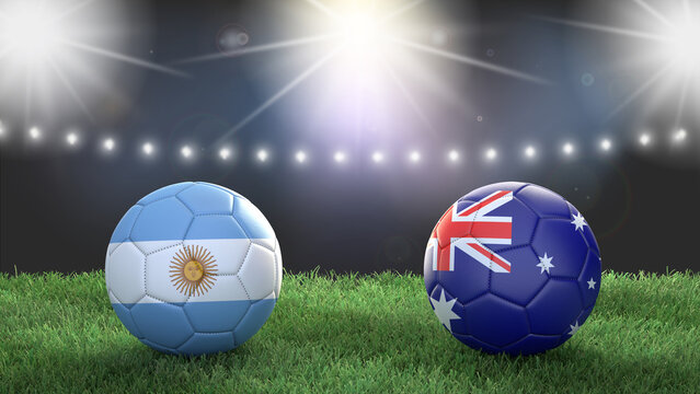 Two soccer balls in flags colors on stadium blurred background. Argentina vs Australia. 3d image