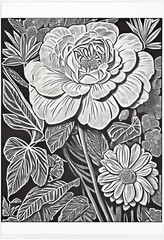 Lino cut Black and White Flowers Graphic design Ink illustration Grey scale hydrangea with Leafs and Forest