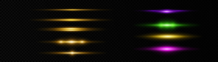 Shimmering horizontal highlights. laser beams. Beautiful light flashes. Glowing stripes on a dark background for design and illustrations.