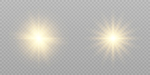 The effect of bright sunlight. Twinkling golden star isolated on transparent background.