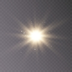 The effect of bright sunlight. Twinkling golden star isolated on transparent background.