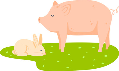 Farm pig and rabbit, isolated on white vector illustration. Cartoon cute pet animal, graphic nature domestic character. Rustic mammal icon