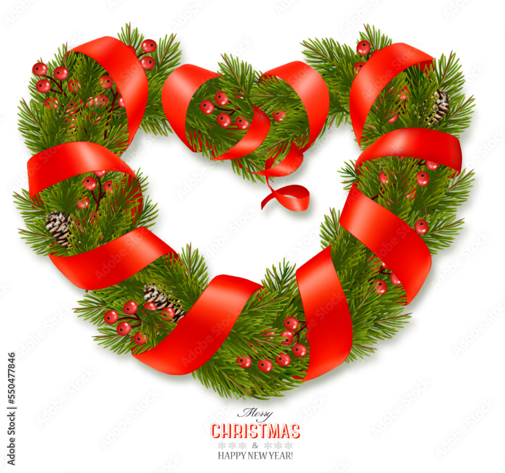 Poster happy holiday background. branches of christmas tree with berries and pine the shape of a heart. fra